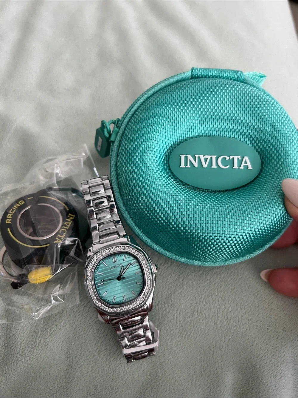 Invicta Women's Silver Watch with Turquoise Dial and Crystal Bezel